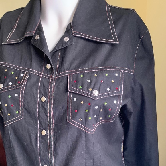 Black Cotton Collared Short Blazer Jacket colorful Jeweled beadings Rhinestones - Picture 9 of 16